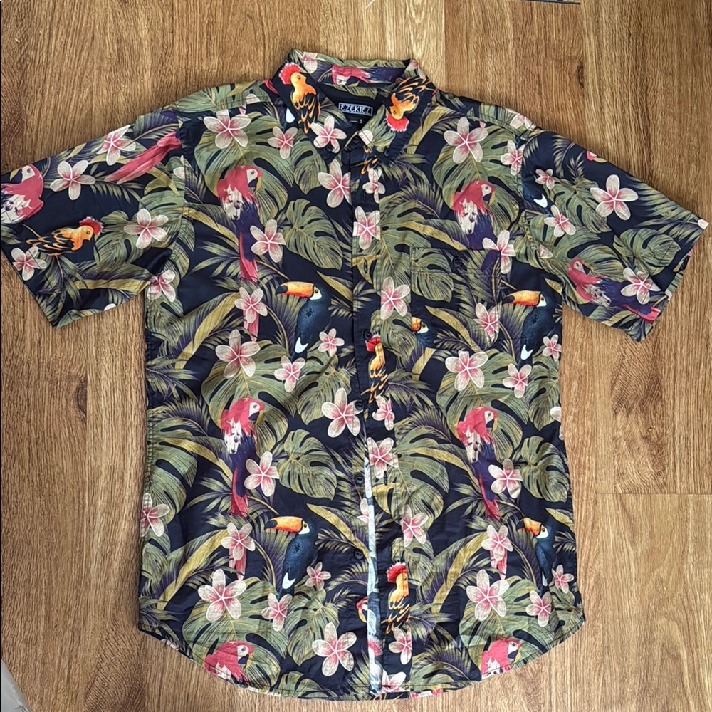 Stussy Green and Red Casual Button Down Shirt with Tropical Vibe